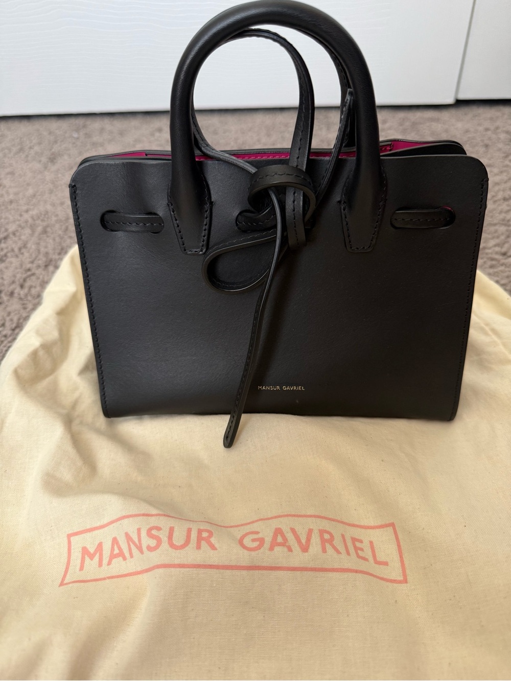 Mansur Gavriel mini sun Black Leather bag with Pink Interior